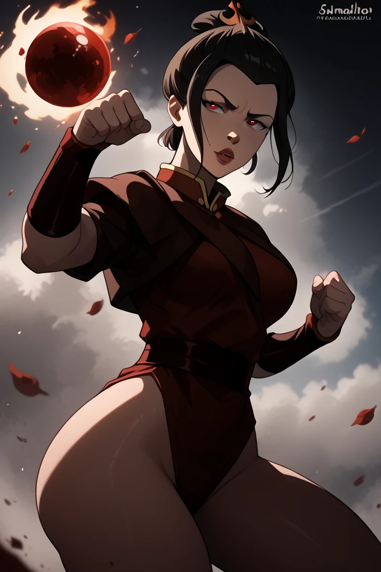 1 girl, long black hair with a ponytail (avatar style), red eyes, beautiful, light skin color , wide shoulders, thin waist, medium breasts, defined thighs, thin, defined lean , showing abs ,wide hips, medium ass, avatar style, dark red tank top from the fire nation (avatar), long skirt(avatar style), showing the thigh , striking with the legs, kicking an opponent, the character is battling