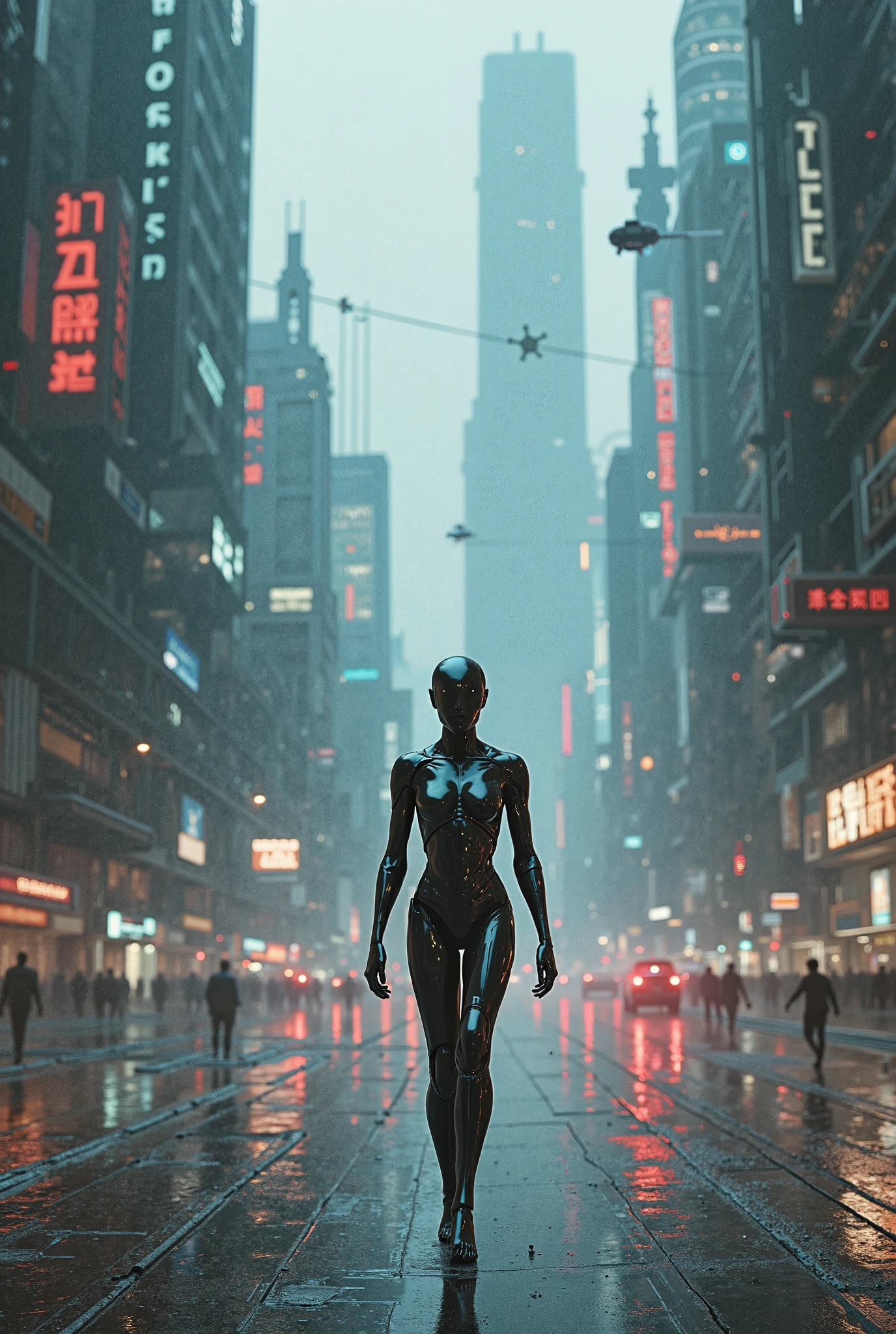 Futuristic woman walking down a city street in the rain - SeaArt AI
