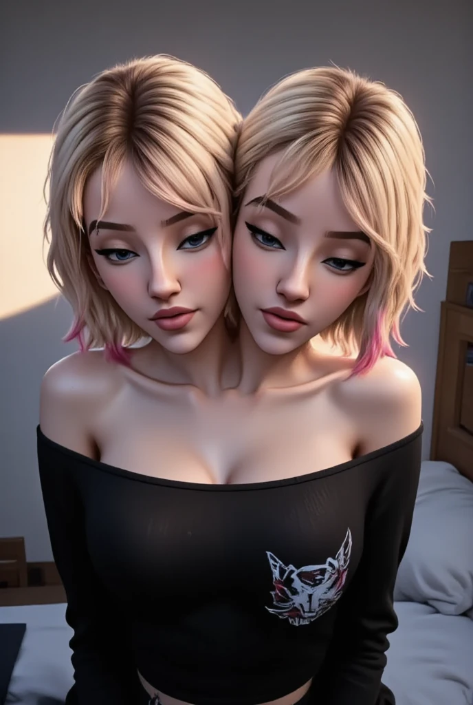 Realistic, realismo, fotorrealismoo, photo-realistic, alto contraste, (fotorrealista:1.4), (figura feminina perfeita), 8k high definition detailed realistic, (best quality, master part:1.2), photon maping, radiosidade, Physically-based rendering, best quality, altamente detalhado, 1girl, ao ar livre, Capuz, (close up), ((wearing only large oversized t-shirts1.3)), bare legs, bedroom, lewd face, (large breasts), cleavage, (two heads, conjoined_dicephalus), (cheeks rubbing together:1.3), (kissing:1.4), (sitting on the floor:1.3), view from above, (hand on crotch:1.3), (bare necks:1.3) wide hips, beautiful adult woman, thick body, , perfect body, short undercut blonde hair, falling asleep, yawning, ((sfw:1.3))