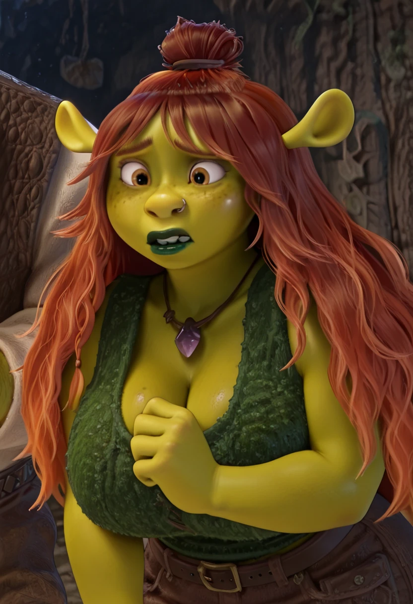 award winning photograph of ((Shrek:1.5 as sexy slender buxom green woman)), ((very green skin:1.5)), (muscular body), (slender face), (brown leather bikini), laying on a donkey fur blanket on medieval bed in a castle bedroom, perfect proportions, hyper realistic photograph, long elegant braided red hair, detailed face, summer:: film grain, face in frame, Kodak portra 800, f1.8, golden hour --ar 2:3 --beta --upbeta <lora:shrekLORA_shrekLORAV1:0.9>