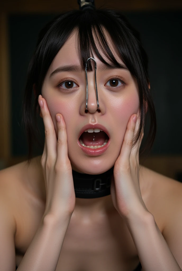nsfw,Highest quality,32k HDR,High resolution,Beautiful Japanese actresses,girl,,Award-winning photo,Very detailed,Face Focus,Big double eyes(Woman with open mouth and closed eyes ),18-year-old,Blonde,Short Bob,Shaggy,Shiny skin,(((Face close-up))),Realistic nostrils,Long and narrow nasal cavity,Dimly lit basement,Candlelight,Stone Wall,Squat,((White shirt,Show off your chest,Nipples)),Big Breasts,(Sharp Nose),Frowning,performance:1.4,performance,Frowning,please raise your head,Skin shiny with sweat,Oily facial skin,Tied Hair,Squatting and giving a blowjob,female teacher,Squatting in the hallway,Squat,50 degree hot room,Skin shiny with sweat,Wet transparent fabric,Sweaty all over my face,A face enduring intense pain,Screaming face,Open your mouth wide and shout,Showing off your nostrils,Shine a light into your nostrils,I can see your nose hairs,((Put on a collar)),