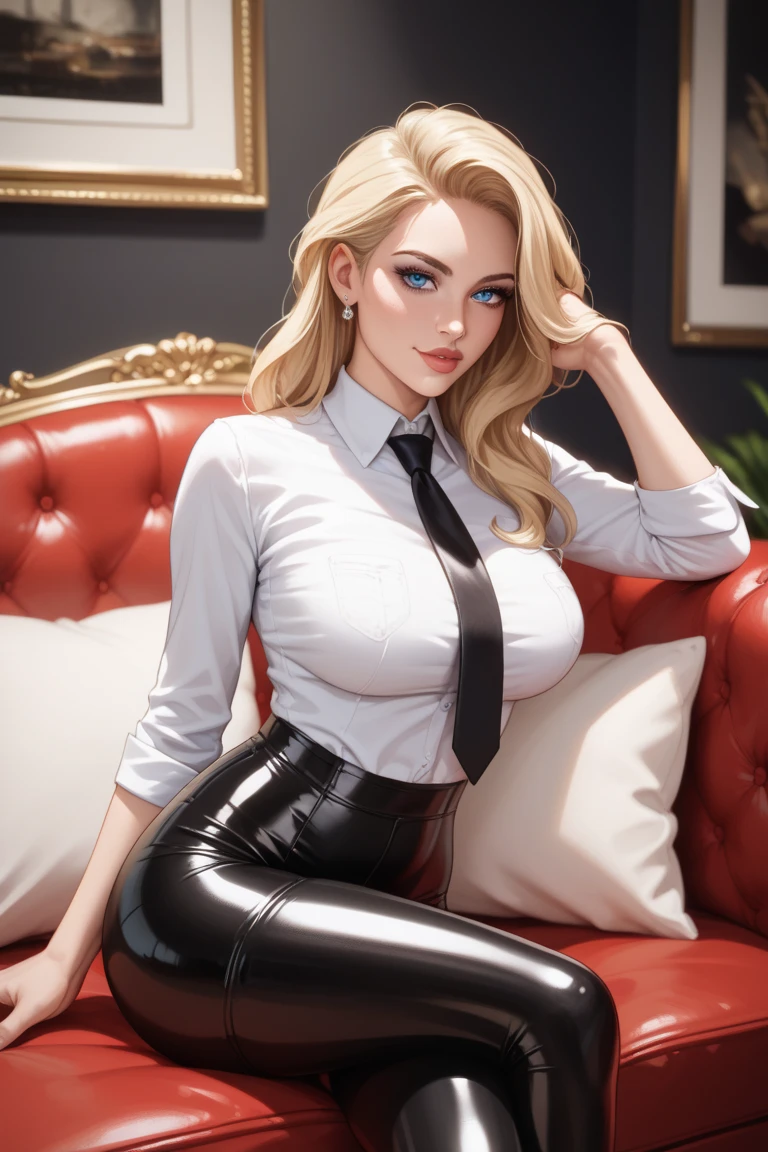 (masterpiece, best quality:1.3, anime style), 1girl, nice hands, cowboy shot, upper body, flirting, 18yo, beautiful hips, blond hair, blue eyes, front layers hairstyle, unbutton, black skirt, white shirt, university, fair thigh, office, work