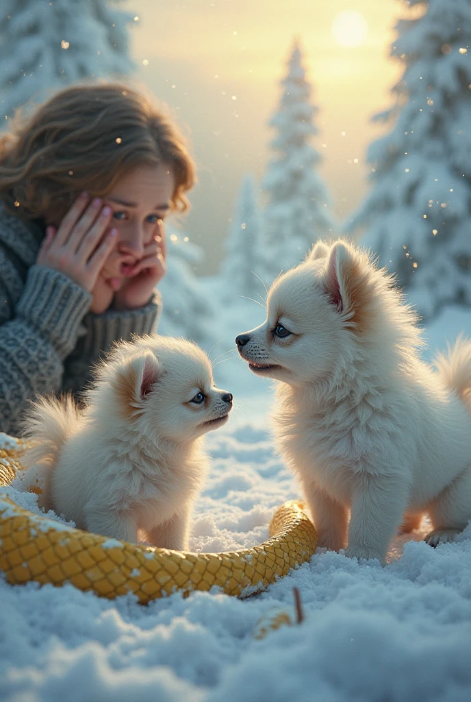 hyperrealistic. A SMALL PUPPY with fluffy fur of the WHITE POMERANIAN LULU breed is in the snow,  wearing a bandage over one of her eyes . The right front of the puppy , a SMALL YELLOW snake , Are you staring intently at the puppy?, It has its body raised and with its head held high , ready to attack. and in the background,  a woman appears standing ,  with her hands covering her mouth , expressing shock and desperation.  The scene takes place in a winter environment , with an ice crystal tree and soft sunset light and a huge ICE WALL IN THE BACKGROUND.
