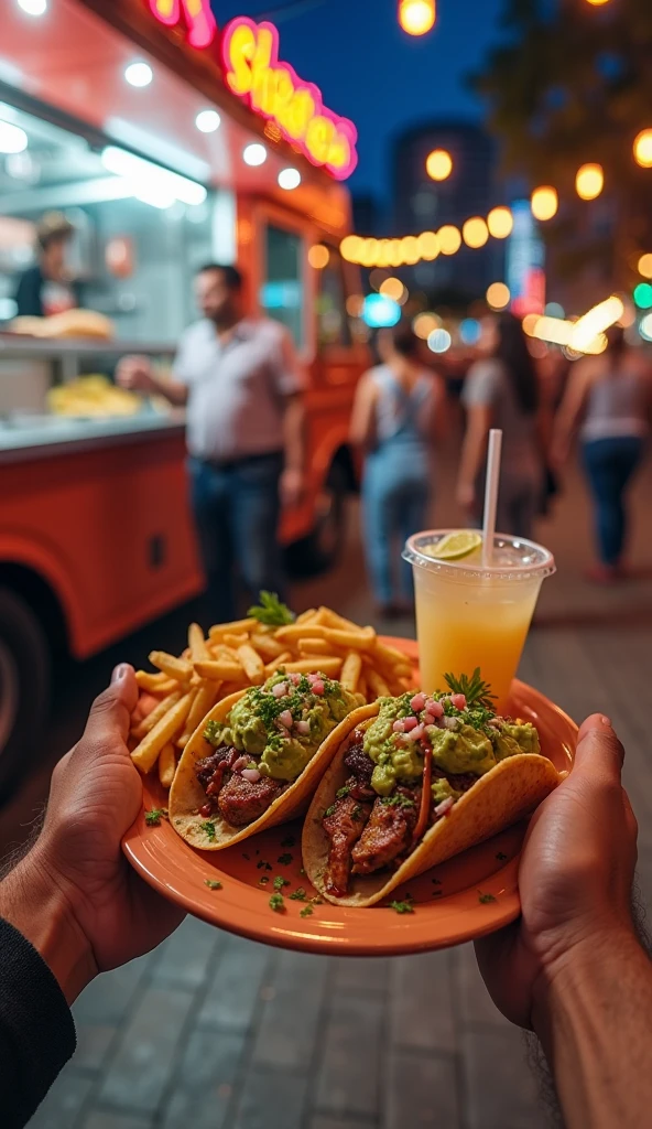 Mexican woman eating tacos, tortillas and nachos at a Mexican food stall　Tight tank top and hot pants　highest quality　There&#39;s tequila and Corona beer on the table.