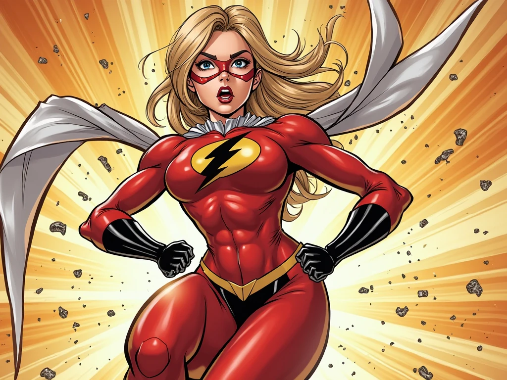 (masterpiece), (best quality), (highres), a female superhero whirls in place into a whirlwind. Leotard, bare legs, boots. dynamic whirl pose, standing straight, spiral lines around her, speed lines around her, motion blur.
