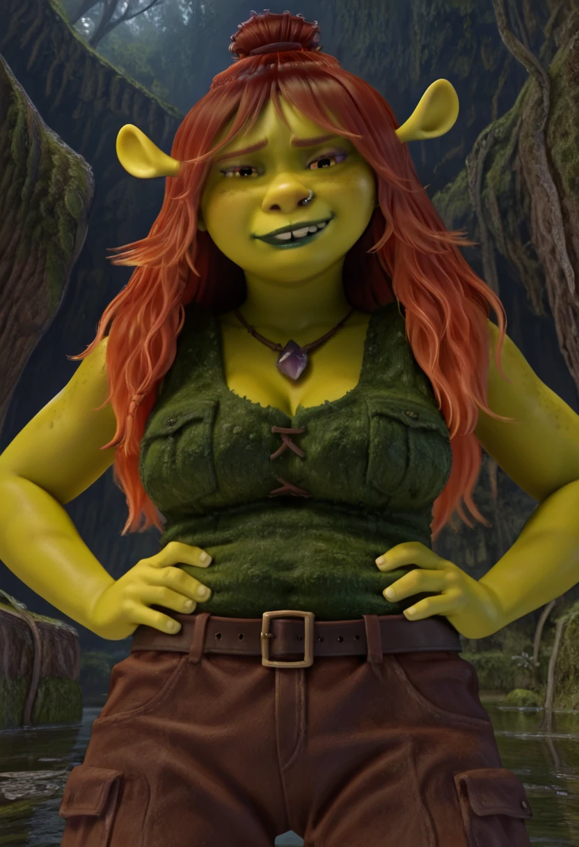 (FionaOrc:1), 1girl, cute, cute pose, (green skin, colored skin, red hair, blue eyes, monster girl, orc female, tick, plump, curvy, freckles, pointy ears), (purple dress:1.2), curvy, looking at viewer, smile, :D, breast focus, leaning forward,
(detailed ladscape, wetland , window, sky, dirt, bed:1.2), (background:1), (dynamic_angle:1.2), (dynamic_pose:1.2), (rule of third_composition:1.3), (dynamic_perspective:1.2), (dynamic_Line_of_action:1.2), solo, wide shot,
(masterpiece:1.2), (best quality, highest quality), (ultra detailed), (8k, 4k, intricate), (full-body-shot:1), (Cowboy-shot:1.2), (50mm), (highly detailed:1.2),(detailed face:1.2), detailed_eyes,(gradients),(ambient light:1.3),(cinematic composition:1.3),(HDR:1),Accent Lighting,extremely detailed,original, highres,(perfect_anatomy:1.2),