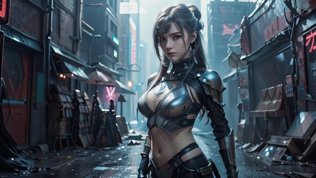 Beautiful photograph of Reika Shimohira as a Nekomata girl, ssmile, slender body, Inside (body builder:0.7),slender hips, big breasts, wearing mecha armor ((heavy cyberpunk armor)) with neon trim, ((high-tech suite)), science fiction, cyberpunk city in the background, Gantz, In the Style of Cyberpunk 2200, Ultra realistic photo, masterpiece, best quality, CG, wallpaper, HDR, high quality, high-definition, extremely detailed, {beautiful detailed face}, {beautiful detailed eyes}, (detailed light){{intricate detail}}, {highres}, ((detailed face)), neon light, chiaroscuro, key visual, intricate detail, highly detailed, breathtaking, vibrant, cinematic