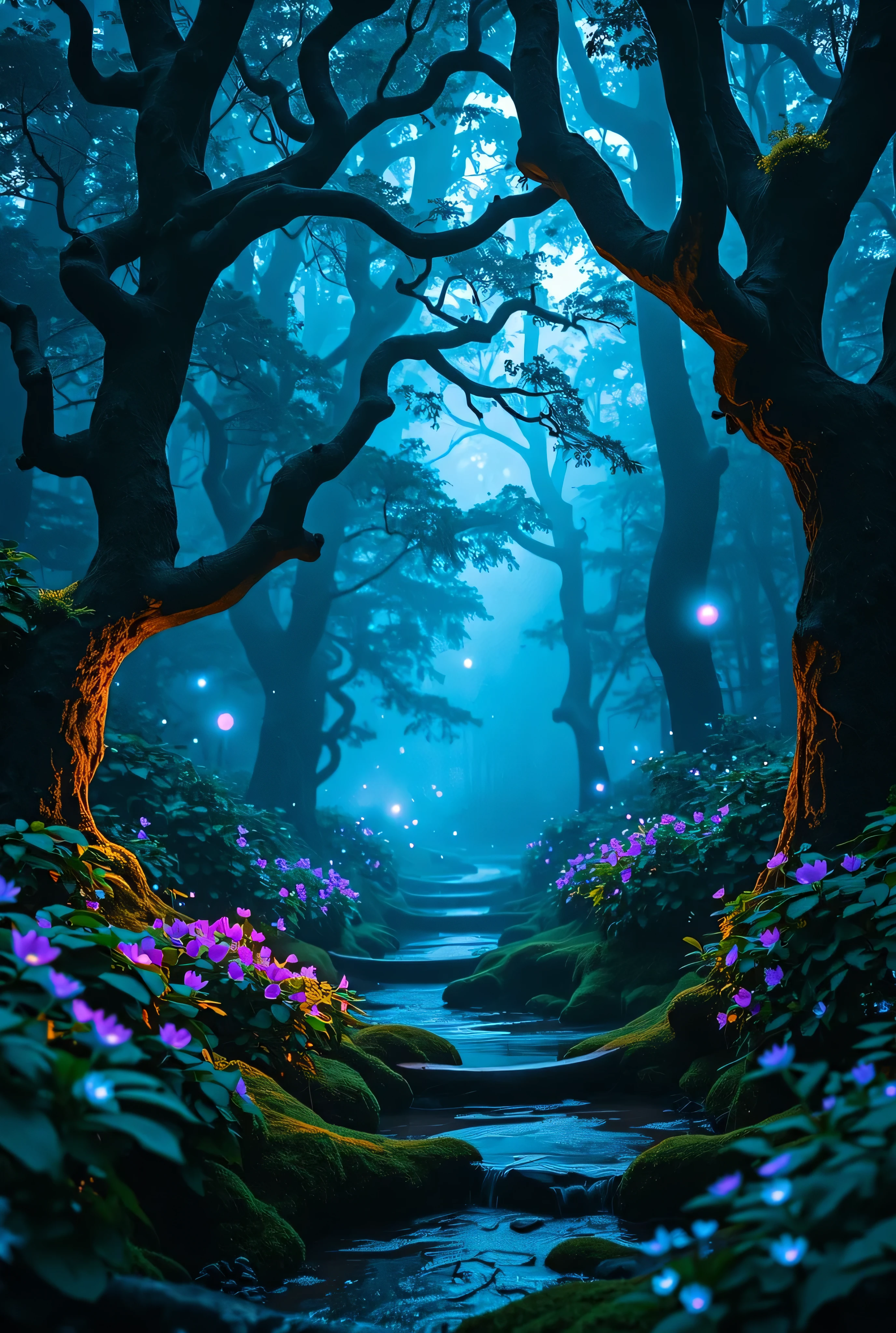 The Enchanted Forest
A forest shrouded in silver mist that slips between the centuries-old trees. The trunks of these trees, twisted and covered with shiny moss, seem to whisper ancient secrets. The deep green leaves shine with dewdrops reflecting moonlight, creating a magical effect .on the ground, bioluminescent flowers of blue and purple illuminate the path, guiding travelers into the unknown. in the bushes , you can hear the murmurs of invisible creatures, and from time to time , a gust of wind carries with it the sweet scent of wild berries.In the middle of the forest, a crystal clear stream meandering, their waters emit an ethereal glow, as if they were imbued with magic. about him, fireflies dance in hypnotic patterns, creating a spectacle of natural light.On top, the branches of the trees intertwine, forming a canopy that barely allows sunlight to pass through during the day., But at night , the stars look like shine more brightly here than anywhere else.