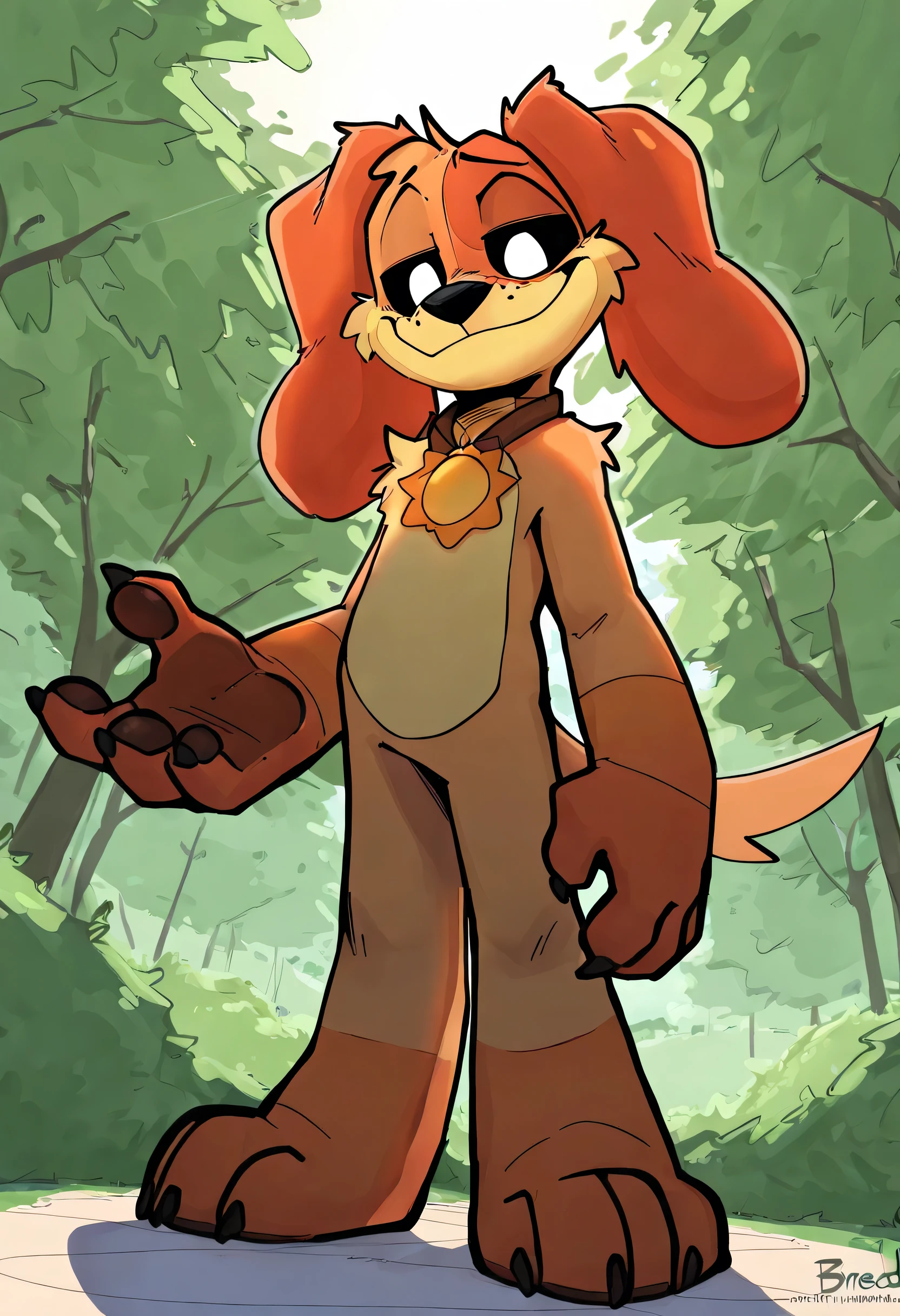 ((soft shading, 4k, hi res, detailed face, detailed, Best quality, masterpiece, detailed anatomy, detailed eyes, detailed hands with claws, detailed feet, perfect lighting, perfect shading)), by Goonie-san, by braeburned, by haps, 1male, dogday, poppy playtime, femboy twink body, necklace with a sun pendant, smirk, in the park