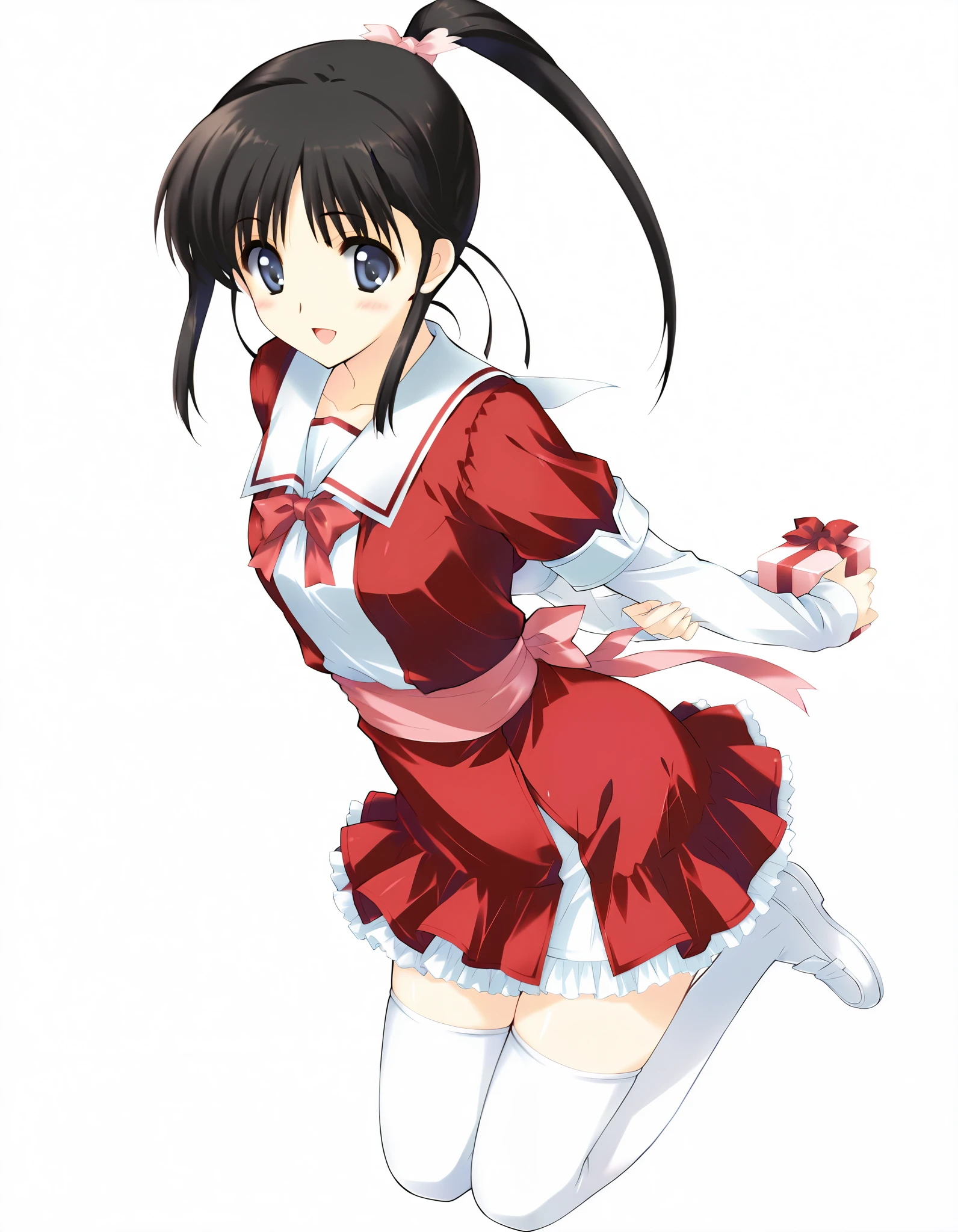 masterpiece,best quality,good quality,smile, looking at viewer, solo, anime coloring, ((sugiura_koharu)),sugiura_koharu\(white_album_2\),1girl,solo,black hair,ponytail,hair ribbon,blue eyes,open mouth,1girl,(((red and white jacket))),(sailor suit jacket),(multicolored jacket)((red bow tie)),((layered sleeves)),((sleeves past wrists)),((red sash)),((waist ribbon)),((red skirt)),((frilled_skirt)), ((white_thighhighs)),solo focus, full body, long shot, jumping,Dynamic pose,High solution,. her hair is floating in the air, Reflecting agile movements, Contrasting colors enhance the lively atmosphere of the scene, The speed effect of moving lines adds an anime touch to the action)), (((Motion Effect))), (Like a subtle blur), fighting stance,,(hands hold gift box),((hide hands behind back)),blush:0.8,((solo))