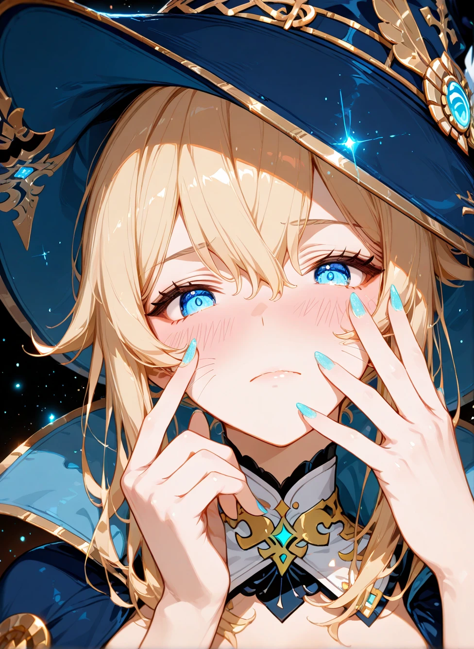 tottering, perfect anatomy, white underwear, close up, closed eyes, sad, annoying, despair, tearing up, tired, :o, bleed, dirty, torn clothes, detailed background, Black Magician Girl