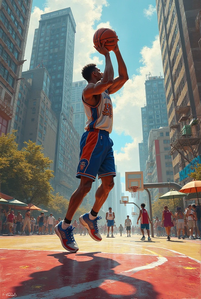Brown man dunking on a basketball court
