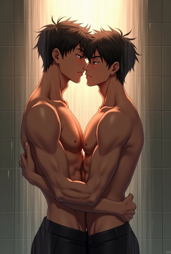 2 boys, yaoi, best quality, masterpiece, amazing details, (handsome dark skinned muscular young man with curly brown hair), showering in shower stall, kissing, (older asian man with short black hair), exaggerated tiny waist, perfectly round butt, groping each other, (((steaming hot water))), (((very soapy body))), perfect fingers, no watermark, no logo, no signature