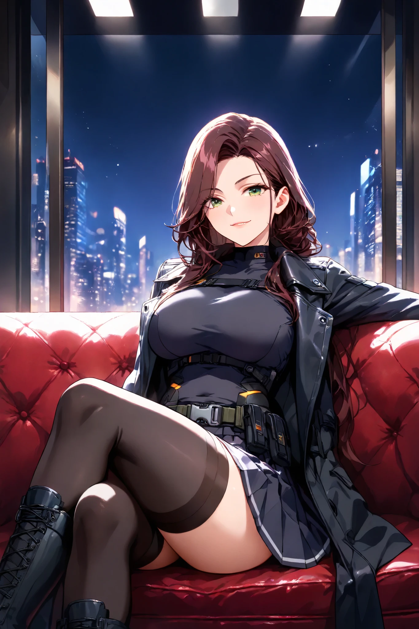 (masterpiece, best quality, absurdres, highly detailed, anime-style illustration), 1woman, adult woman, mature woman, mid-20s, (slim body, toned body, large proportionate breasts, full proportionate thighs, plump proportionate thighs), green eyes, detailed eyes, (very long brown hair, soft skin), sitting on a luxurious modern couch, legs crossed, legs resting gently on couch, seductive smirk, confident posture, looking at the viewer, (wearing a jet-black tactical trench coat:1.4, unbuttoned trench coat, jet-black tactical compression shirt underneath, jet-black tactical pleated skirt, tactical belt on skirt, black thighhighs, calf-length black combat boots, black kevlar-lined tactical gloves), neon-lit penthouse, large floor-to-ceiling windows, city skyline at night, neon lights reflecting in the glass, warm ambient lighting, cinematic atmosphere