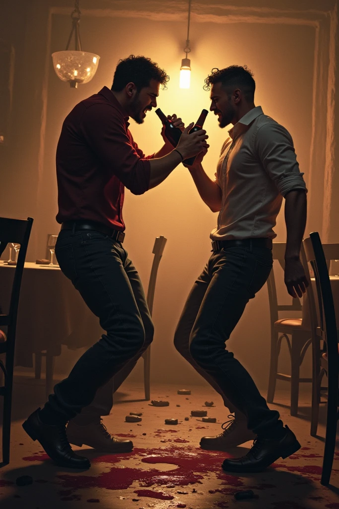 very attractive and handsome man in thong many wounds bleeding. a knife in his hand at a party very detailed whole body everyone very scared the man laughing the scared guests.
