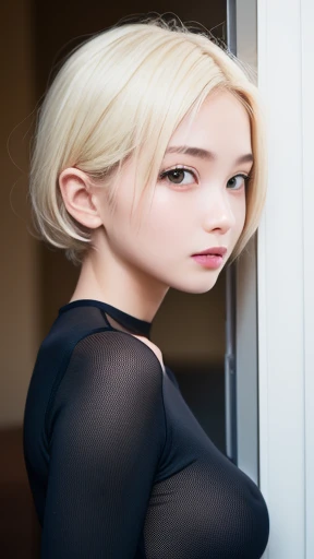 Realistic, masterpiece, highest quality, highest resolution, A portrait depicting only the upper body of a Japanese woman, A happy smile, slightly turned to the side, definitely looking at the audience, beautiful detailed eyes, black eyes, (hidden creased eyelids:1.2), thin eyebrows, Carefully draw eyelashes, natural makeup, middle hair, silver hair, detailed face, Black thick turtleneck sweater