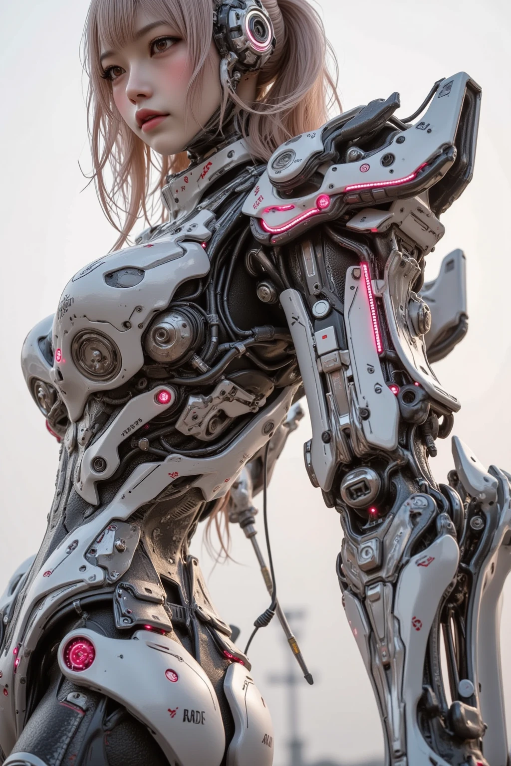 ultra-realistic, photorealistic, dramatic scene, shadow, global-illumination, solo, perfect anatomy, perfect fingers, (age Japanese famous idol girl but cyborg), very beautiful with very cute face, detailed face skin texture, her body is under modifying into the strongest space army soldier cyborg, extremely muscular body, thick arms, abs, huge muscle, huge body, extremely wide huge shoulders, unbelievably muscular body, (the strongest futuristic cyborg soldier), extremely strong large body, huge armor with extremely wide shoulders, huge protectors, intricated complex cyber punk mechanical neon integrated cyborg sexy body that made of transparent crystal, (her strong cyborg body is fully covered with extremely detailed futuristic mechanical armored ultimate powered suits), absolutely complex futuristic cyborg bodysuits, neon markers are integrated in her body, head gear, chin guard, head gear, (very large breasts), slim waist, her body is destroying cars on the road, dynamic angle,