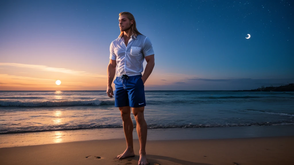 The Scene: In the heart of a sprawling, ethereal desert landscape, the blonde male model with striking blue eyes becomes a beacon of vitality amidst the barren beauty. His athletic, toned physique is on full display, shirtless and glowing under the intense rays of a scorching sun. He wears bright, cobalt blue cargo shorts that stand out vividly against the endless sea of golden sand dunes.
The setting is an isolated, otherworldly desert, where the shifting sands create a landscape that seems to move with the wind. The ground beneath his feet is a mixture of fine sand and smooth, sun-bleached stones that have been shaped by centuries of erosion. In the distance, towering, jagged rock formations rise from the desert floor, their surfaces etched with ancient symbols and mysterious carvings, remnants of a long-lost civilization.
The air is hot and dry, carrying the faint scent of warm minerals, and the distant, eerie sound of wind howling through the rock formations echoes across the dunes. The model stands confidently in this vast, arid expanse, his stance firm and resilient. One hand rests lightly on the rough surface of a large, sun-warmed boulder, the other casually at his side, fingertips brushing the gritty sand that swirls around his legs.
His gaze is directed towards the horizon, where the sun is beginning to set, casting a fiery, orange glow across the desert. The sky above is a gradient of deep purples and blues, as twilight begins to creep in, creating a striking contrast with the warm, golden tones of the desert. His expression is one of quiet determination and introspection, as if contemplating the mysteries of the ancient world that once thrived in this now desolate place.
The interplay of light and shadow creates a dramatic atmosphere, accentuating the model’s chiseled features and the stark beauty of the desert landscape. The cobalt blue of his shorts echoes the deepening sky, merging his modern, stylish appearance with the timeless, rugged majesty o