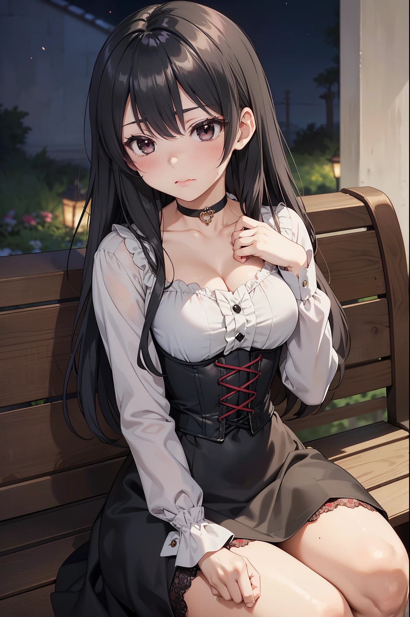 Masterpiece, Anime Style, A young girl, sitting on a stone bench , ( seen from the front ). pretty face, tender expression, mouth shut, (((intense blush on her cheeks))), Long Black Hair, detailed eyes, black eyes, choker : 1.6, ((Victorian style dress in red and white)), corset, (long skirt), self-critical , greenish garden, at night