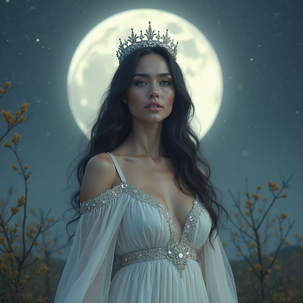 EvaG_SoloTI_v1,
(In a flowing gown of silver silk, adorned with celestial patterns and shimmering moonstones, for a radiant and ethereal look),
(Amidst a tranquil clearing bathed in the soft glow of moonlight, where the gentle rustle of leaves harmonizes with the distant melody of a nocturnal symphony, a sense of serenity and enchantment envelops the celestial figure of the Moon Goddess:1.3),
<lora:add_detail:0.6>, PA7_Portrait-MCU,