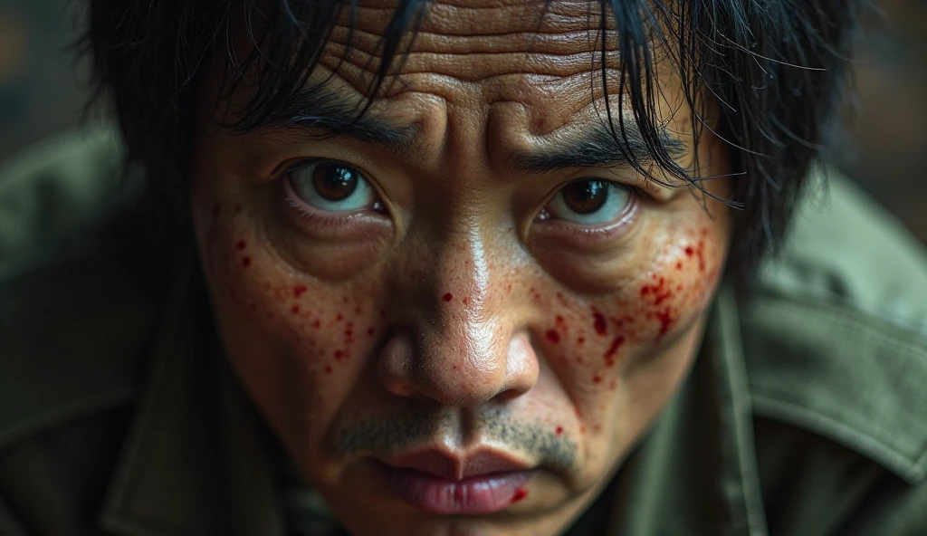 Quero um homem japones demtheyo/they, an image that does not demonstrate such a strong character, captured in an ultra-realistic full HD 4K portrait, detailed texture showing its menacing shape, Immersive atmosphere, high definition shadow play, digitalpainting, nevoa no environment. Make the image darker, dark setting for a horror atmosphere