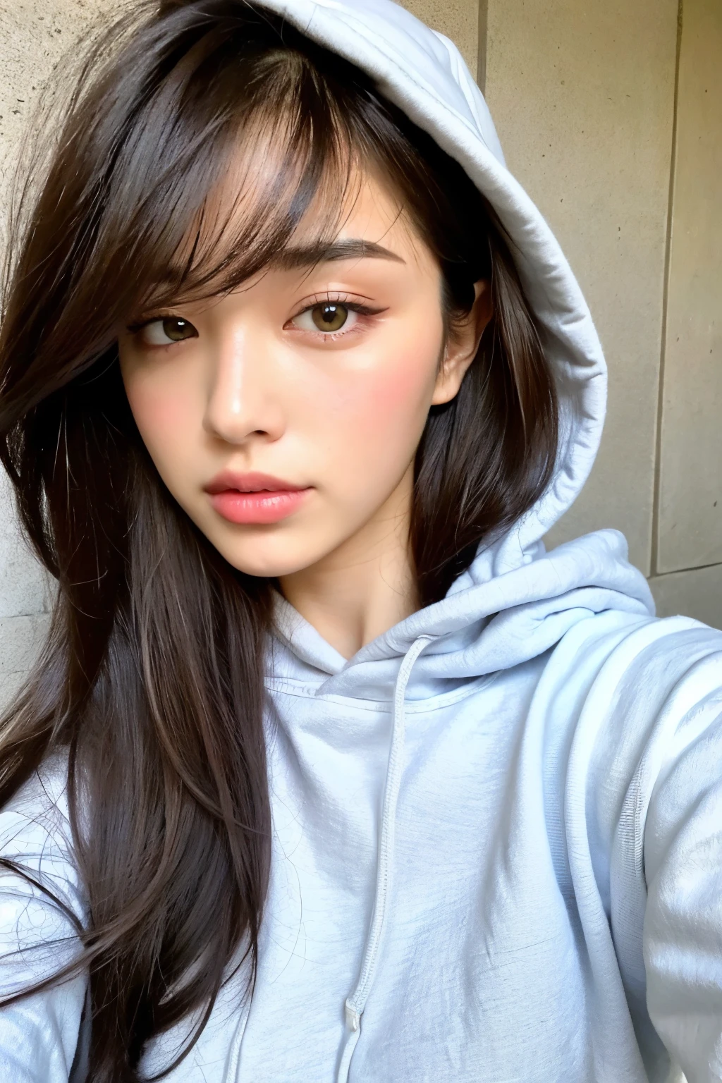 Highest quality, beautiful woman under hoodie , 28 years old , S, 35mm Lens , concrete background with rough eyeliner、Tile Background、mock neck top,from below、 straight hair 、 straight hair 、 shiny hair, silky hair、Thick bangs、 heavy bang、 brant bang、 full body photo