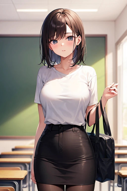 1girl, short hair, mature, milf, ponytail, parted lips, blush, makeup, provoking, navel, underboob, sitting, school uniform, classroom, school bag, light rays, glow, thighs, collarbone, narrow waist, (masterpiece), wallpaper,
