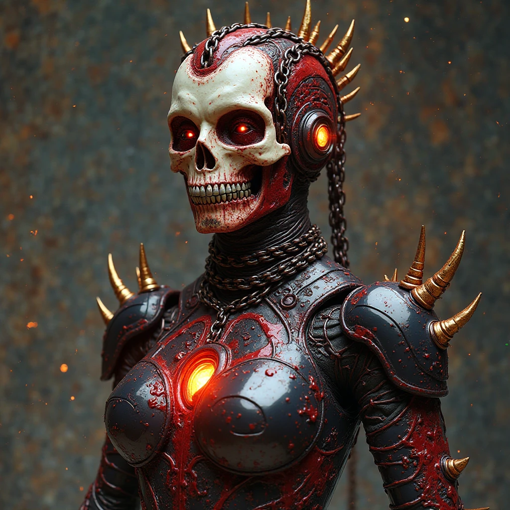 (by_Dan_Winters,by_Russell_James) , a photo of red, highres, masterpiece, perfect lighting, bloom, cinematic lighting, adult, perfect skin, female, looking at viewer, belle delphine, ahegao, plaguemarine, armor, power armor, skull, slime, highly detailed, face, depth of field, moody light, golden_hour, centered, extremely_detailed, Nikon D850, award_winning_photography