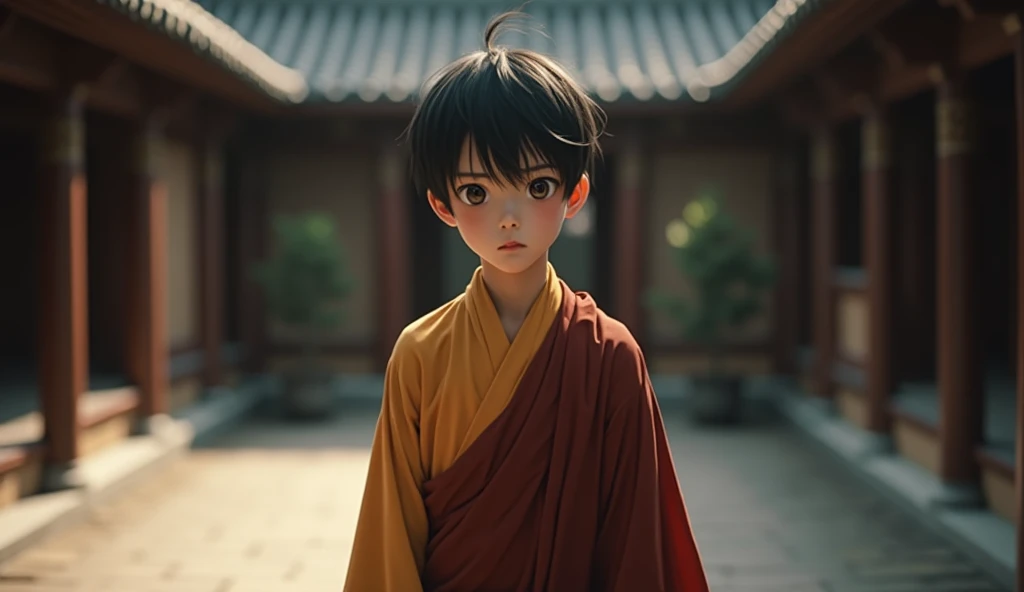 (by Jules Bastien-Lepage), (by Junji Ito), ((by Luke Chueh)), best quality, dusk lighting, realistic, surrealist, photo referenced, realistic background, cartoon foreground, (3d), golden hour, (((by Mojang Studios))), detailed face, cute face, katana, tears, sad face, scar, armor, samurai, spirit behind, ghost in the background