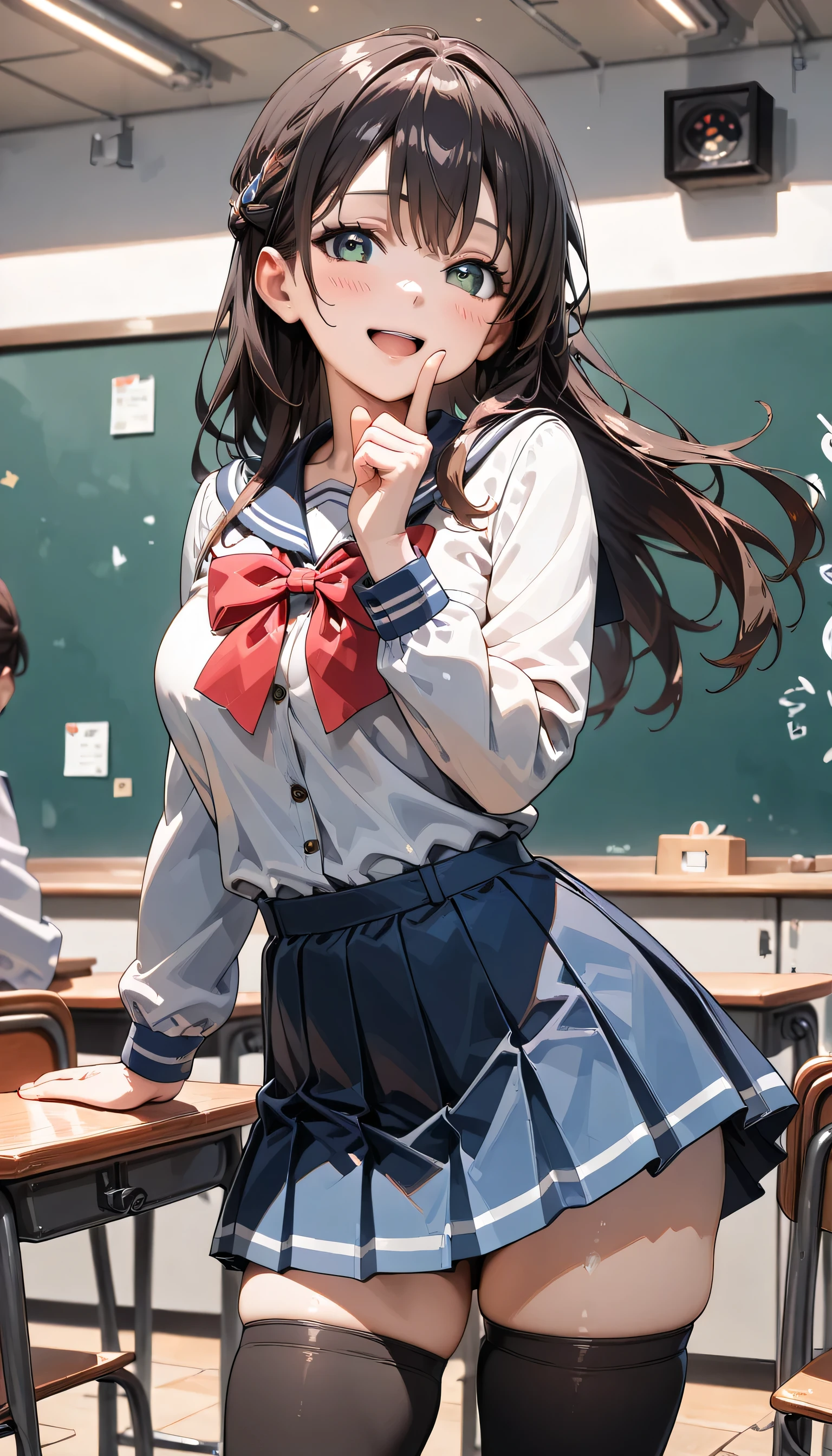 ((ultra-detailed)), (highly detailed CG illustration), (best quality:1.2), ultra-highly detailed, colorful composition, artistic photoshoot, 1girl, solo focus, ((cowboy shot:1.4)), moe anime character, girl, dainty facial structure, (bab(round face), ((rounded chin:1.2)), celia-default, celia claire, (blue eyes), ((wearing grasses)), rimless18s, glasses, ((black hair color)), ((long hair)), ((half updo)), ((hair ribbon with red)), ((fluttering hair)),ample breasts, school uniform, sailor suit, traditional Japanese style with navy blue and white colors, navy blue pleated skirt, black knee high socks, ((happy:1.5)), ((joyful:1.5)), ((laughing:1.4)), ((blush:1.4)), ((looking viewer)), ((standing in the classroom)), from front, ((dynamic pose)), ((contrapposto poseわ)), best quality, masterpiece, expecting, pink cheek, blush, light pink gloss slip, portrait, depth of field, soft lighting, sidelighting, (shine), lighting, caustics, ray tracing, smile, perfect face, lustrous skin, highly detailed face, highly detailed eyes, perfect face, perfect nose, perfect hair, perfect eyes, perfect anatomy, beautiful hair, beautiful small face, extremely detailed face, beautiful detailed eyes, beautiful clavicle, beautiful body, beautiful ample breasts, leavage, breasts squeezed together, equalize the size of the left and right breasts, beautiful thin thighs, beautiful legs, beautiful fingers, 4 fingers, 1 thumb, lovely, (very detailed background:1.0), (highly detailed background:1.0), spring aesthetic, intricate details, joyful atmosphere, spring colors palette, chromatic aberration