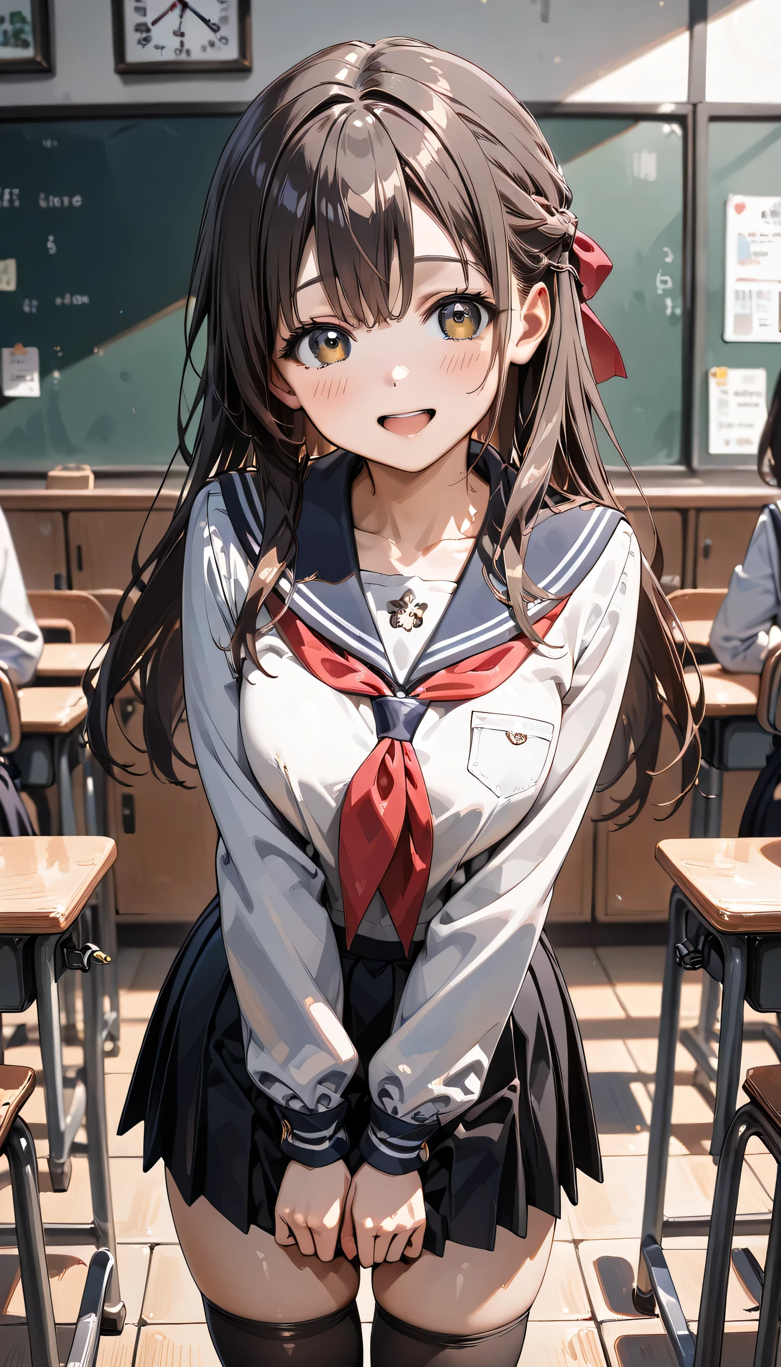 ((ultra-detailed)), (highly detailed CG illustration), (best quality:1.2), ultra-highly detailed, colorful composition, artistic photoshoot, 1girl, solo focus, ((cowboy shot:1.4)), moe anime character, girl, dainty facial structure, (bab(round face), ((rounded chin:1.2)), celia-default, celia claire, (blue eyes), ((wearing grasses)), rimless18s, glasses, ((black hair color)), ((long hair)), ((half updo)), ((hair ribbon with red)), ((fluttering hair)),ample breasts, school uniform, sailor suit, traditional Japanese style with navy blue and white colors, navy blue pleated skirt, black knee high socks, ((happy:1.5)), ((joyful:1.5)), ((laughing:1.4)), ((blush:1.4)), ((looking viewer)), ((standing in the classroom)), from front, ((dynamic pose)), ((contrapposto poseわ)), best quality, masterpiece, expecting, pink cheek, blush, light pink gloss slip, portrait, depth of field, soft lighting, sidelighting, (shine), lighting, caustics, ray tracing, smile, perfect face, lustrous skin, highly detailed face, highly detailed eyes, perfect face, perfect nose, perfect hair, perfect eyes, perfect anatomy, beautiful hair, beautiful small face, extremely detailed face, beautiful detailed eyes, beautiful clavicle, beautiful body, beautiful ample breasts, leavage, breasts squeezed together, equalize the size of the left and right breasts, beautiful thin thighs, beautiful legs, beautiful fingers, 4 fingers, 1 thumb, lovely, (very detailed background:1.0), (highly detailed background:1.0), spring aesthetic, intricate details, joyful atmosphere, spring colors palette, chromatic aberration