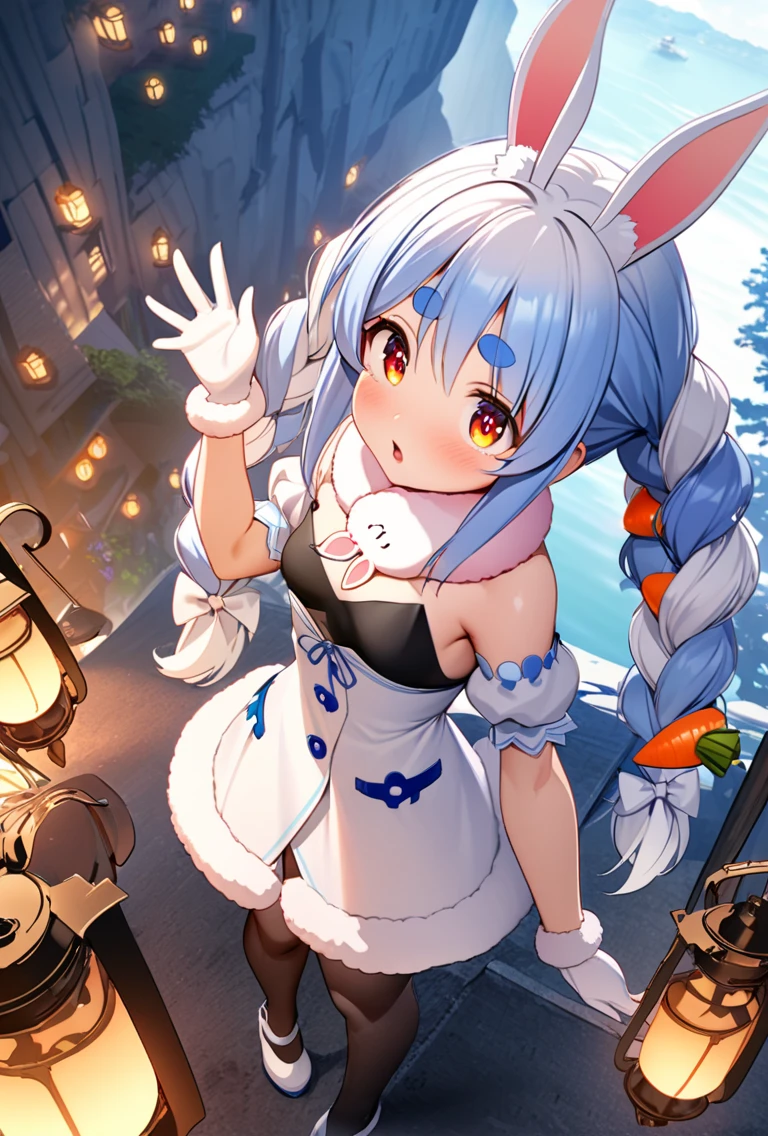 ((Usada Pekora)), (((masterpiece)), ((Highest quality)), ((wide shot)), (Super Detail:1.2), (high image quality:1.3), (8k), (very aesthetic:1.2), (Absard Dress:1.2), textured skin, cinematic writing, (1 girl), ( Cute Beautiful Girls), beautiful eyes, ((look to the side)), ( Rabbit Earsをつける), Pale  Lantern,  braided hair, (open your mouth wide), slim body, small breasts, glossy lips, Beautiful small breasts, ( waving), ( on a steep cliff ), (Very proud), (Cute cheeks), glossy lips,  plump lips ,  dark circles under eyes, ( lower lashes), (detailed background:1.2), UsadaPekora, orange eyes,  thick eyebrows,  Rabbit Ears, two-tone hair,  Lantern,  white hair, long hair, twin tails from above, fur collar, white dress, fur-rimmed dress,  shoulder out, black leotard,  strapless, Sleeveless, Puffy Short Sleeve, black gloves, black panty hose