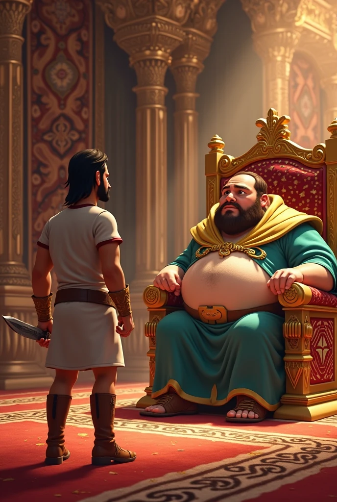 40 years old white Male, tall, giant body, handsome, dad bod, beefy, strong arms and legs, wide shoulders, a bit chubby muscle gut, a bit of fat but still very muscular, extremely hair, (a lot of body hair), short beard, untie red elegant robe, barefoot, (huge oversized cock), ((oversized, enormous, heavy and hairy fat testicles)), smirking confidently, sitting on throne, luxurious throne room