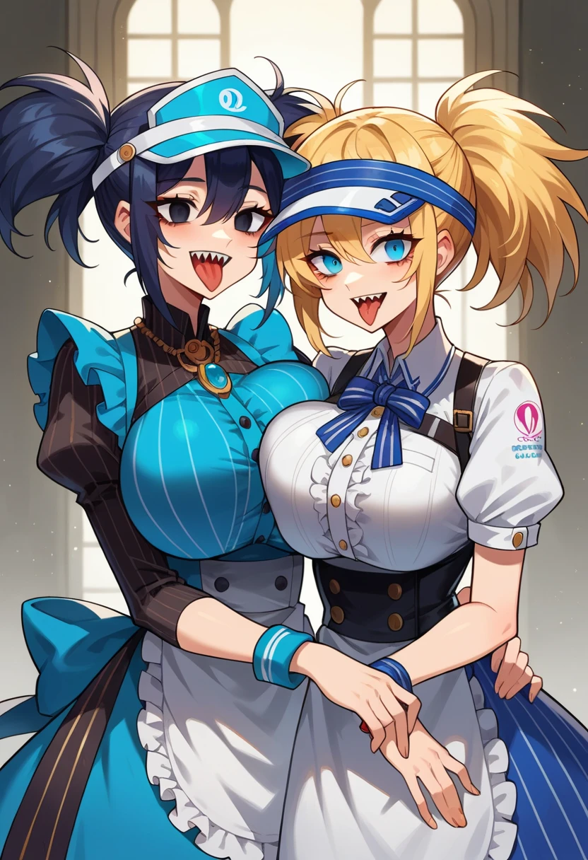 Shark girl, very sexy, big breasts, Maid bikini set, Stick out your tongue and drool., Kiss each other