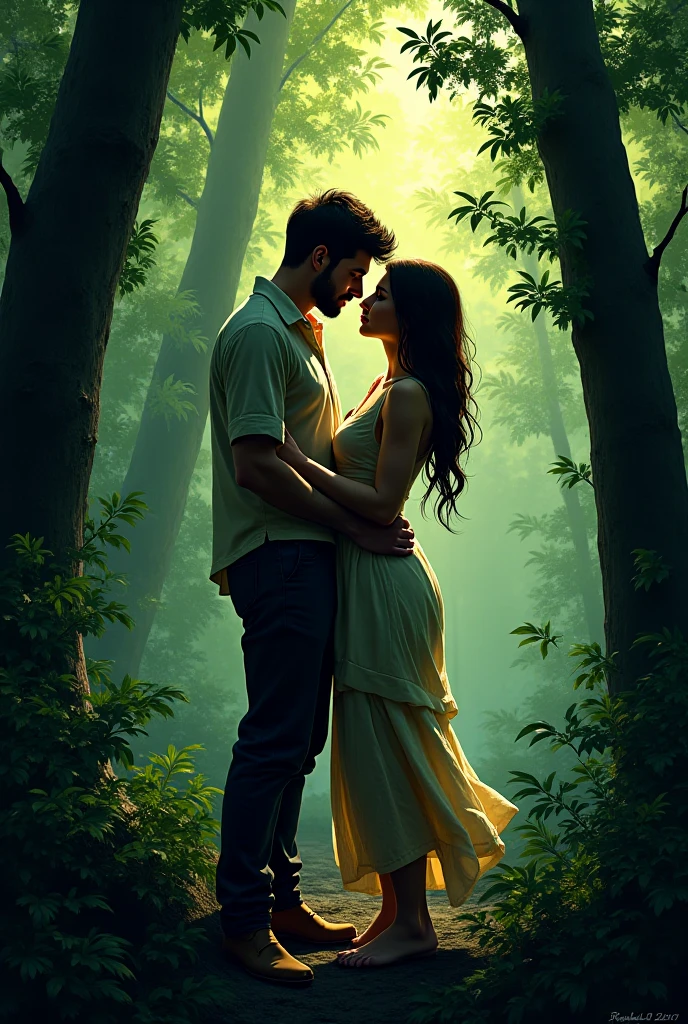 Two bodies, entwined in a passionate embrace, their silhouettes resembling the roots and branches of trees, uniting in the organic, continuous dance of nature. The background is a mystical forest, where the moonlight filters through the dense foliage, casting delicate shadows on intertwined bodies that seem to merge with the surrounding nature.