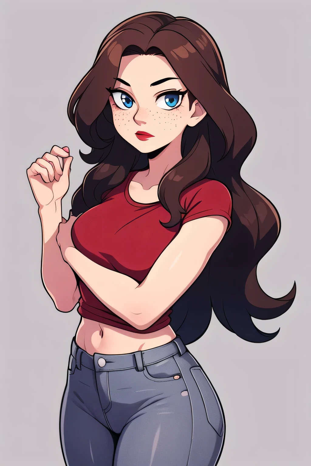 hotify:2,fair skin,tight slim gray cropped t-shirt,grey t-shirt,check copyright,1girl,long wavy hair, hot girl, freckles, blue eyes,red-lipstick female,brown long wavy hair, hourglass body, jeans short, sly, non-web source,brown eyes,simple background,looking at viewer,solo,expressionless, black mascara