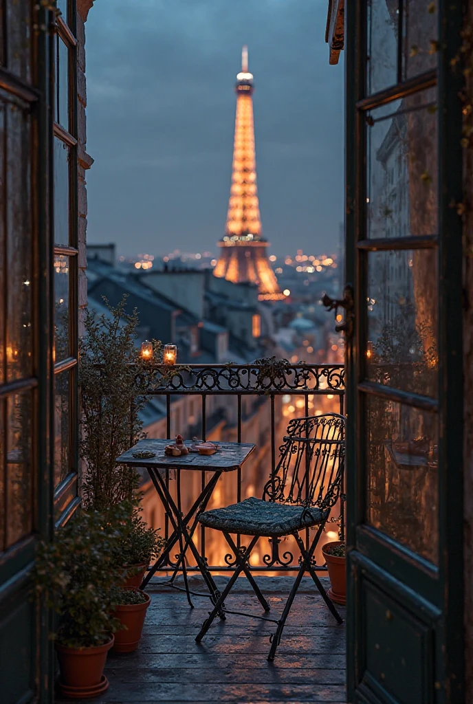 A balcony overlooking the Eiffel Tower at sunset in Paris. Comfortable sofas decorated with candlelight and fairy lights create a romantic atmosphere."