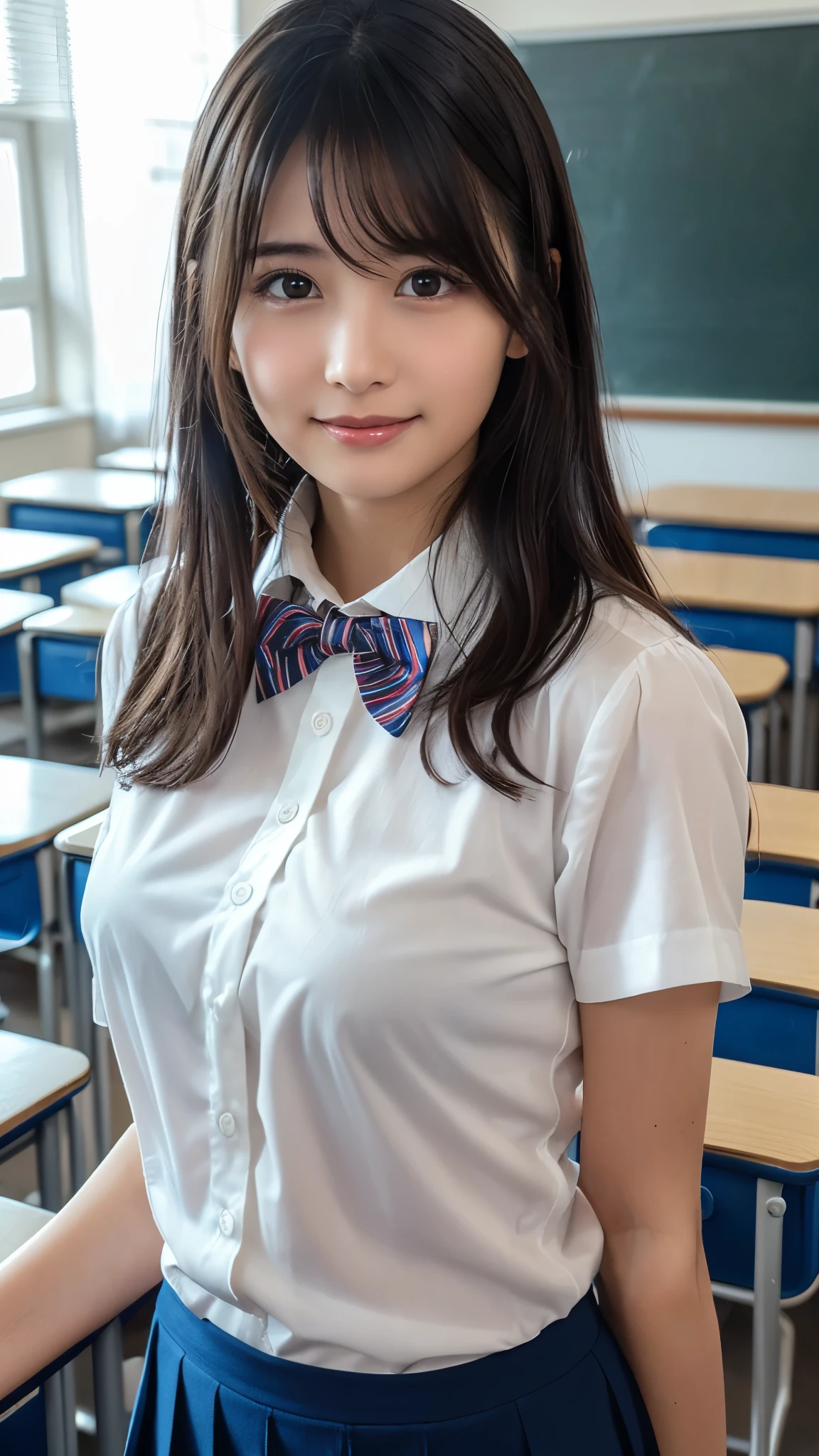 (highest quality,8k,RAW Photos,Realistic,High resolution:1.2),(Cute Japanese Girl),(Huge breasts:1.20),(The body is slim、Naughty body),(Japan High School Uniform),(School classroom),(26 years old)、difficult、Lofty dream、Prisoner of war of a male classmate、The presence of idols),(Beautiful Realistic Asians:1.5、Kindness)、Professional,smile