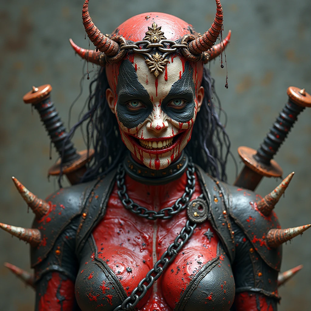full body photo of a (((red white and blue))) monster woman with a ((skull head with no jaw)) posing for the camera, U61yCre4ture <lora:kUglyCreaturesV2:0.5> (tentacles) (spikes) (red pigtails) jester ((wearing an ornate red white and blue victorian outfit)) missing jaw (lovecraftian) (very pale white skin) (photorealistic lighting,dreamlike) <lora:fiendisho:1> clown nose (pale white skin) BREAK at the carnival