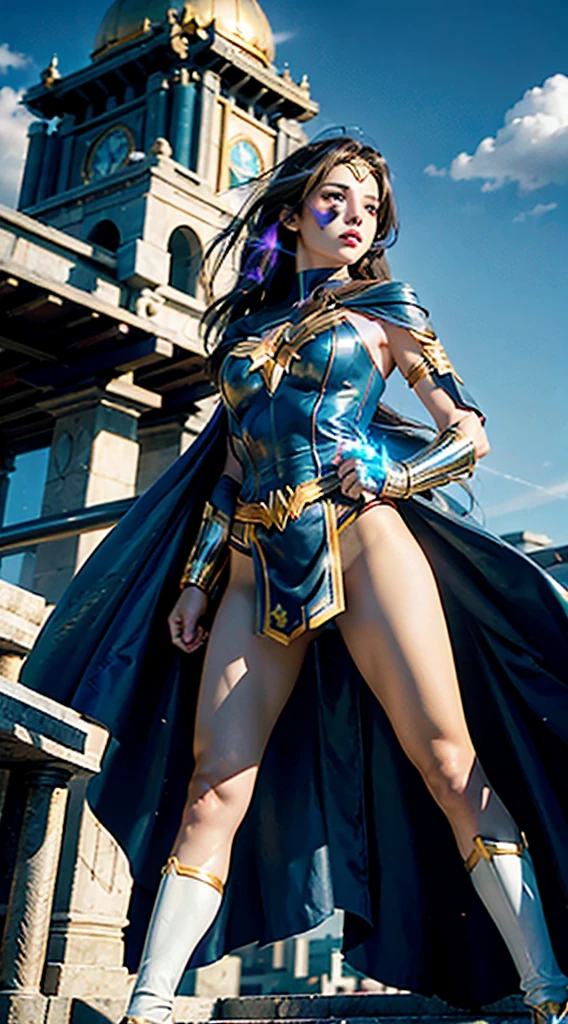1girl, long hair, ((blue eyes)), solo, black hair, Irelia, looking at viewer, purple hair, armor, lips, shoulder armor, foreshortening, symmetrical eyes, sexy pose, medieval background, medium breasts,