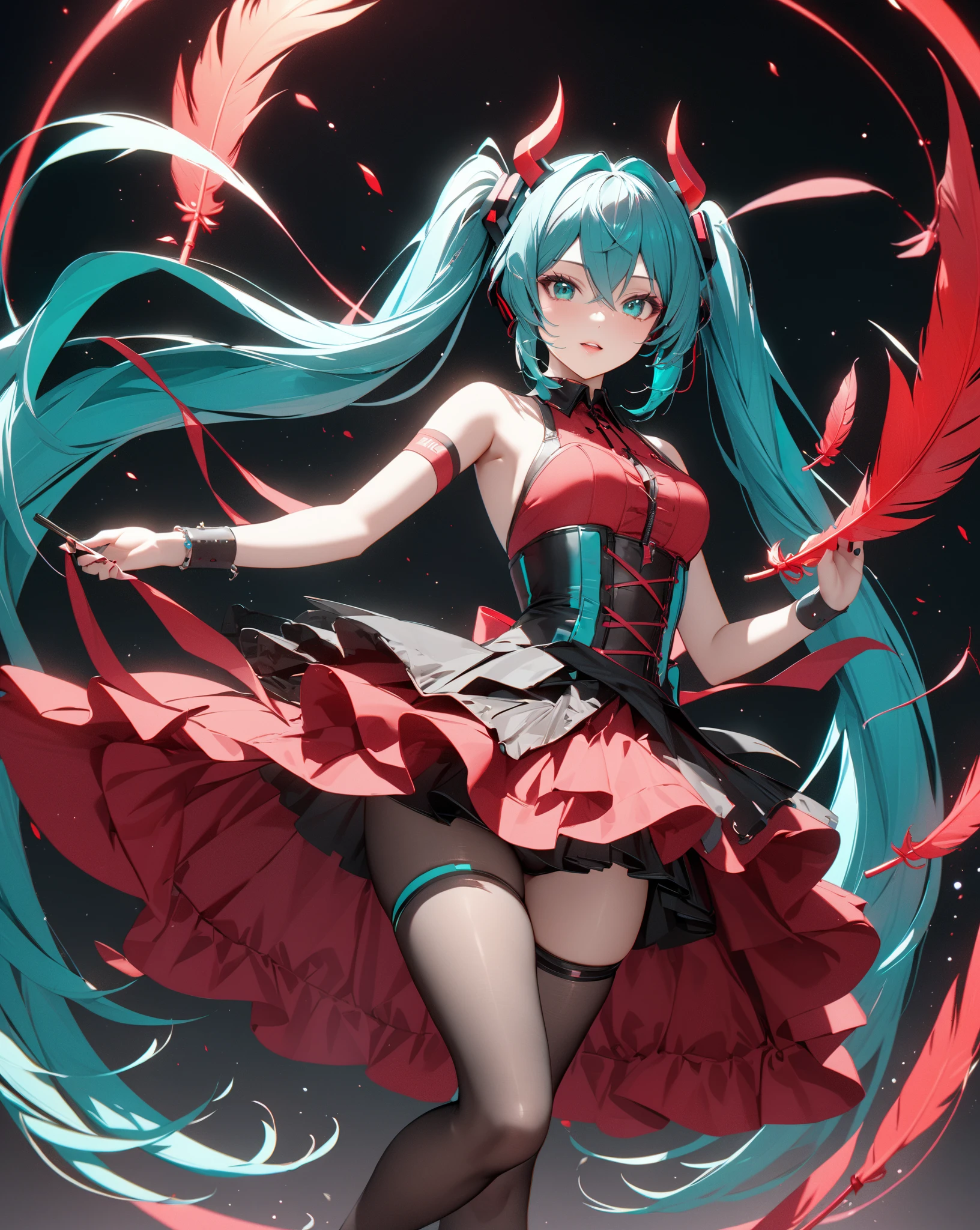 hatsune miku showing off her leggings printed with a red and gold pattern of the soviet hammer and sickle, obviously very proud of herself