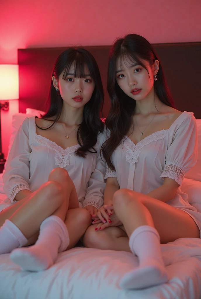 A pair of twin sisters, cute korean singer girl, photo taken on balcony at night, tall, big breasts, squatting with open legs, face to face, in erotic pajamas, cute real girl, outcropped, blue and pink hair, sexy, realistic korean girl, schoolgirl, cute schoolgirl, looking at the audience, necklace, delicate makeup
