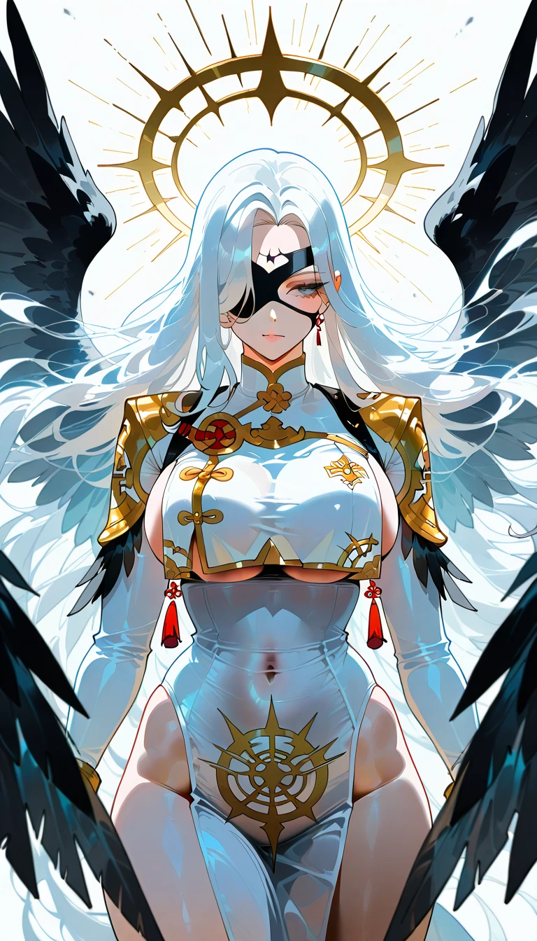 Make a woman she is a very powerful deity, and has a halo of white energy over her white hair, she has red vertical pupils, and wears divinity clothes she has a very sexy body and a serious look on her face 