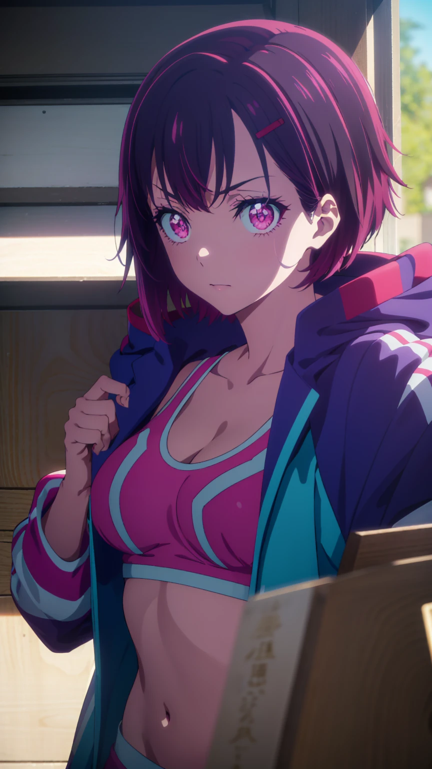 shizukamikazuki, shizuka mikazuki, short hair, purple hair, hair ornament, hairclip, (pink eyes:1.5), swept bangs,
BREAK navel, cleavage, jacket, open clothes, midriff, hood, open jacket, blue jacket, hooded jacket, sports bra, hood down,
BREAK looking at viewer,
BREAK outdoors,
BREAK (masterpiece:1.2), best quality, high resolution, unity 8k wallpaper, (illustration:0.8), (beautiful detailed eyes:1.6), extremely detailed face, perfect lighting, extremely detailed CG, (perfect hands, perfect anatomy),