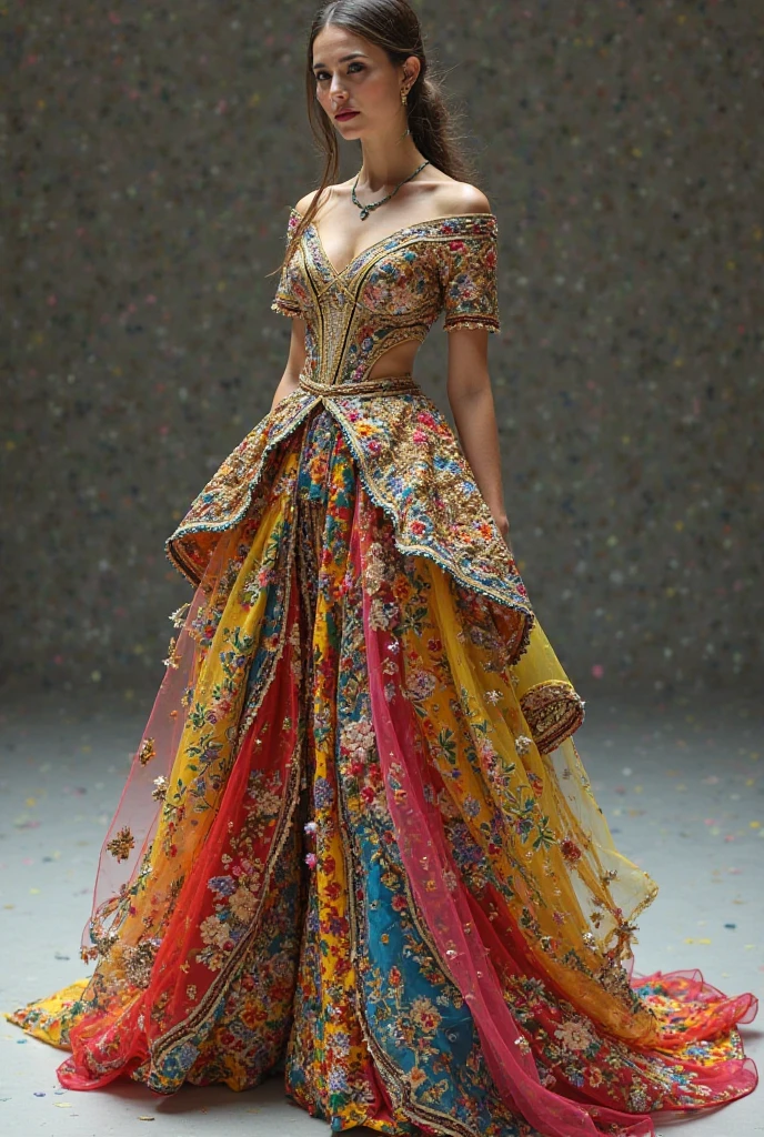 I want you to give me a haute couture garment for women that fuses Roman and Japanese culture, from head to toe