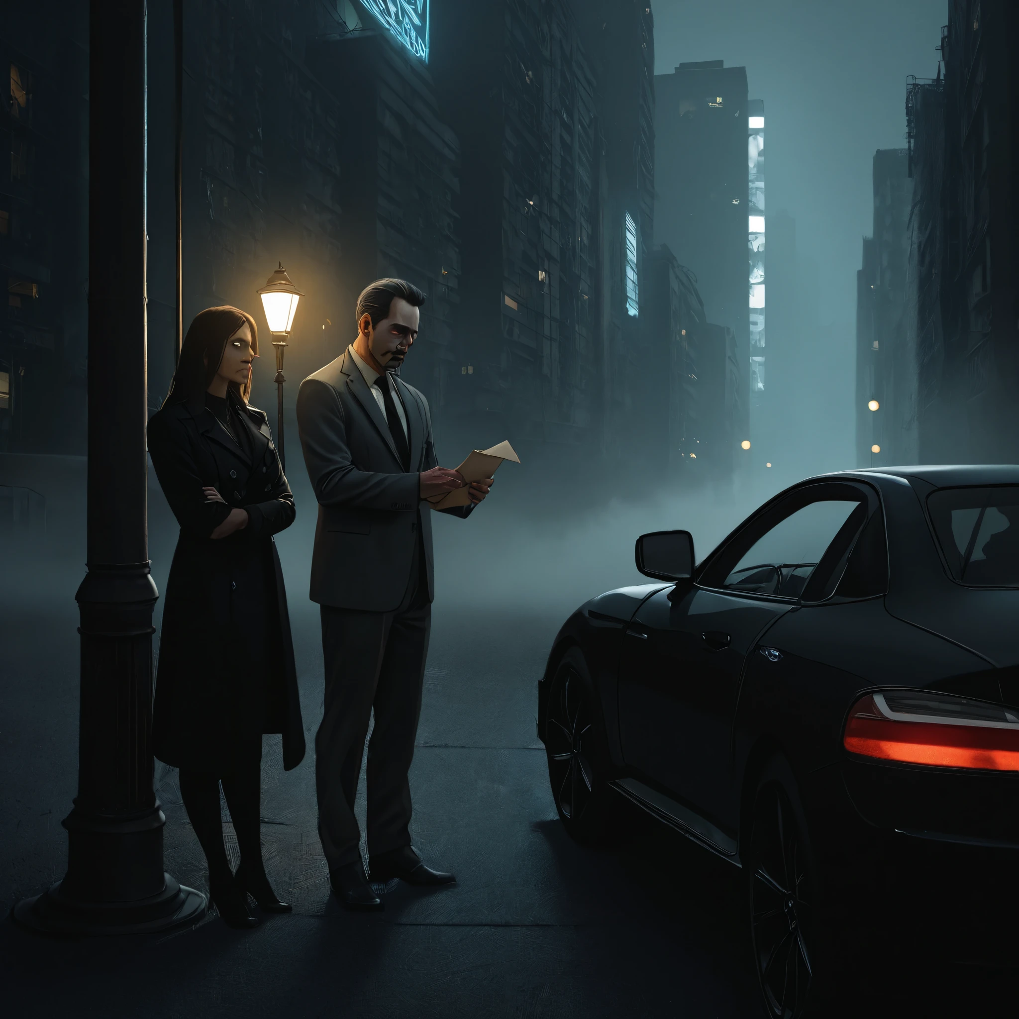Draw A mysterious scene in an industrial park at night in the 2020s. The city in the background is modern, with tall buildings and distant urban lights. Velásquez, a woman with a dark overcoat and serious expression, is leaning against a lamp post, holding a cigarette. in front of her, a thin man in a gray suit, with deep eyes and an enigmatic air, holds an open envelope. He seems to carry a great weight on his shoulders. Behind them, a modern black car, of elegant design and dark windows, is parked with its silhouette shining under the dim lighting of the avenue. The mood is tense , with a faint fog and weak industrial lights Background