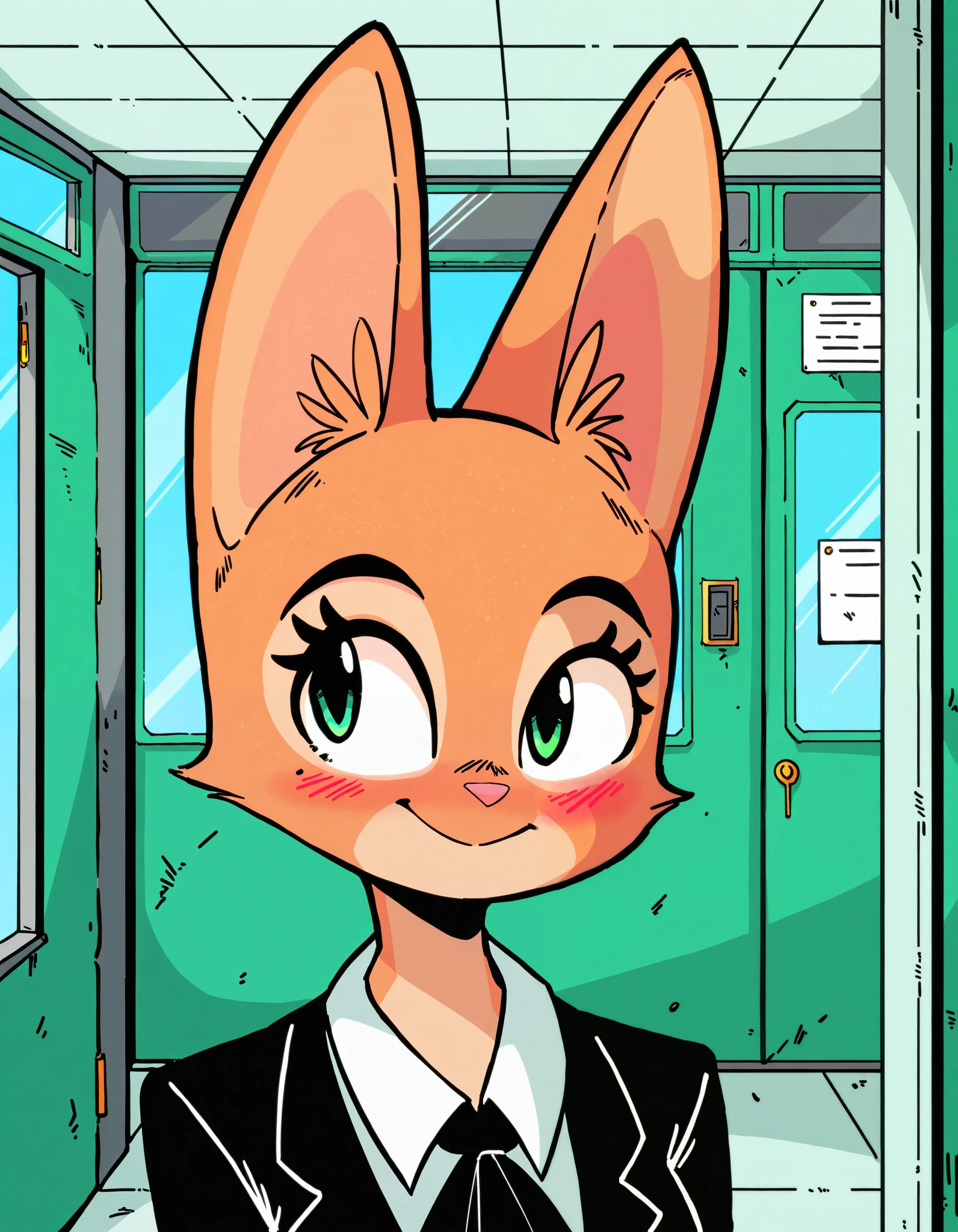 Diane Foxington, , , ginger skin, emerald eyes, school uniform , blush, look at the spectator , Smiles, Interiors, alone, by diives
