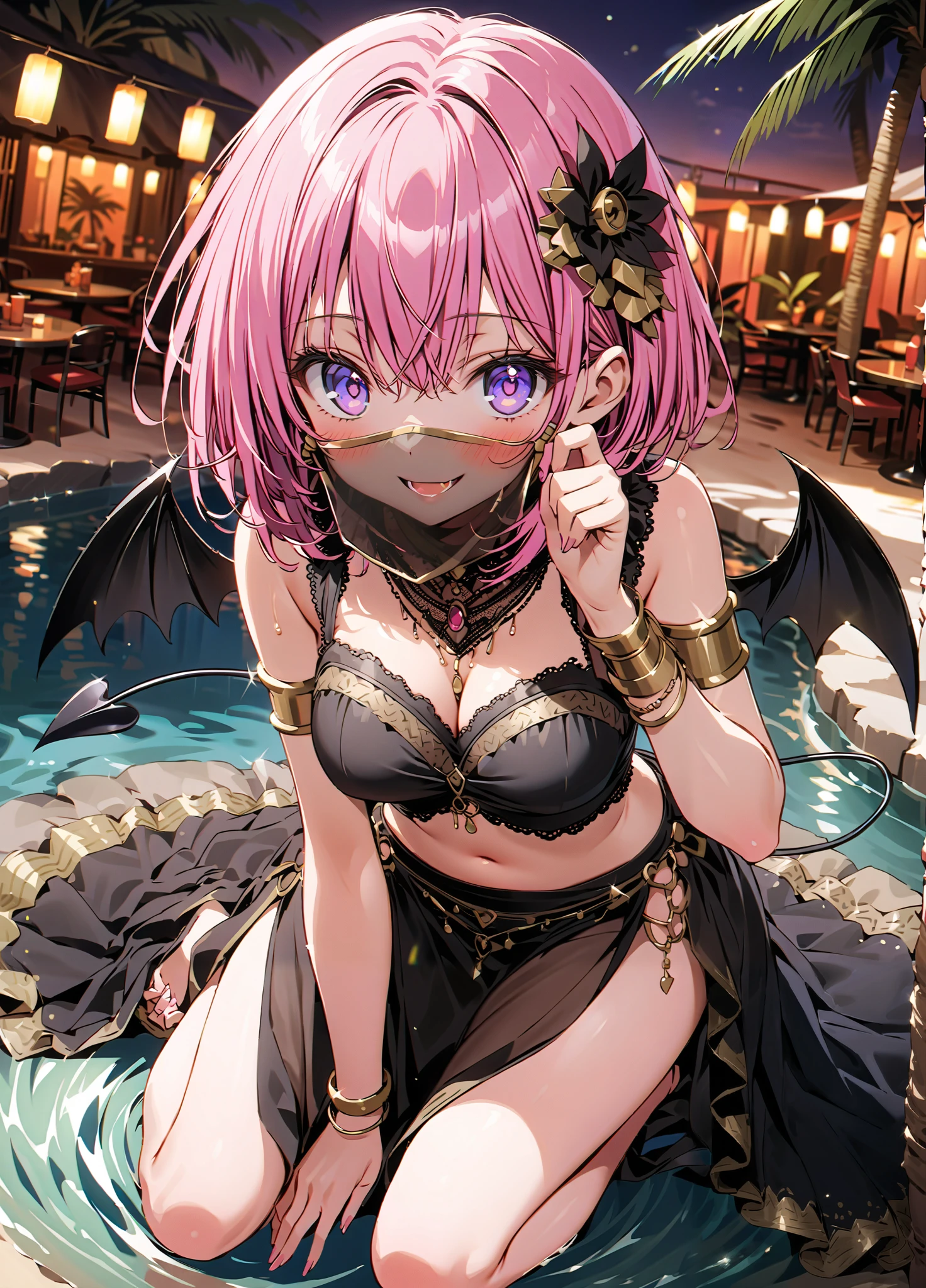 score_9, score_8_up, score_7_up, source_anime,
Momo Devil, Momo Deviluke, Alone,demon Tail, Hair Flower, hair ornaments close to the garden, purple eyes, pink hair, short hair, Tail,smile,blush,squint,Close Your Mouth,Medium breast, Chest Valley,
demon Tail,Arabian clothing, dancer , mouth Veil, belly Dancing, Veil, armlet,, desert, oasis, palm tree, Bare legs,water, stage,Dancing,night,full bodyがイラストに入るように, break outdoors, desert, oasis,
break looking at viewer,full body,
break (masterpiece:1.2),Highest quality , kampala, Unity 8K Wallpaper ,(shape:0.8),( fine, beautiful eyes :1.6),It's a person ,full body写真,CG Details , (perfect hands, complete anatomy),