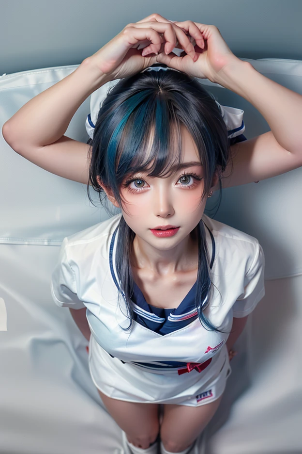 Hot girl, blue hair, blue eyes, school clothes