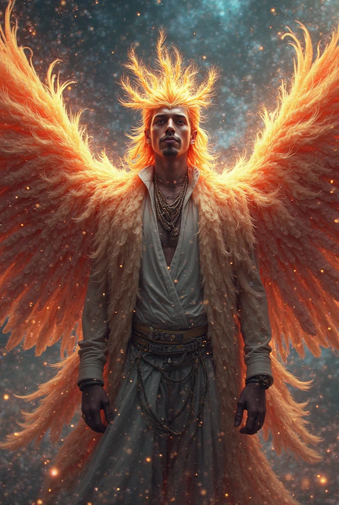 Half-man phoenix, lean and worked body, golden wings, tattoo's, 8k quality